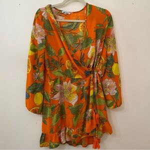 Tropical Citrus Floral Wrap Swim Cover-Up – Orange, Long Sleeve, Ruffle Hem | S